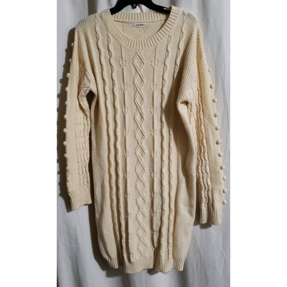 ANDTHEWHY M/L Cream Cable Knit Sweater Dress Pom Pom Sleeve Chunky Cozy Boho